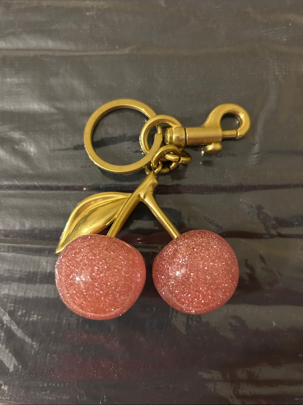 Gold-Tone Cherry Key & Card Holder with Sparkling Pink Charms